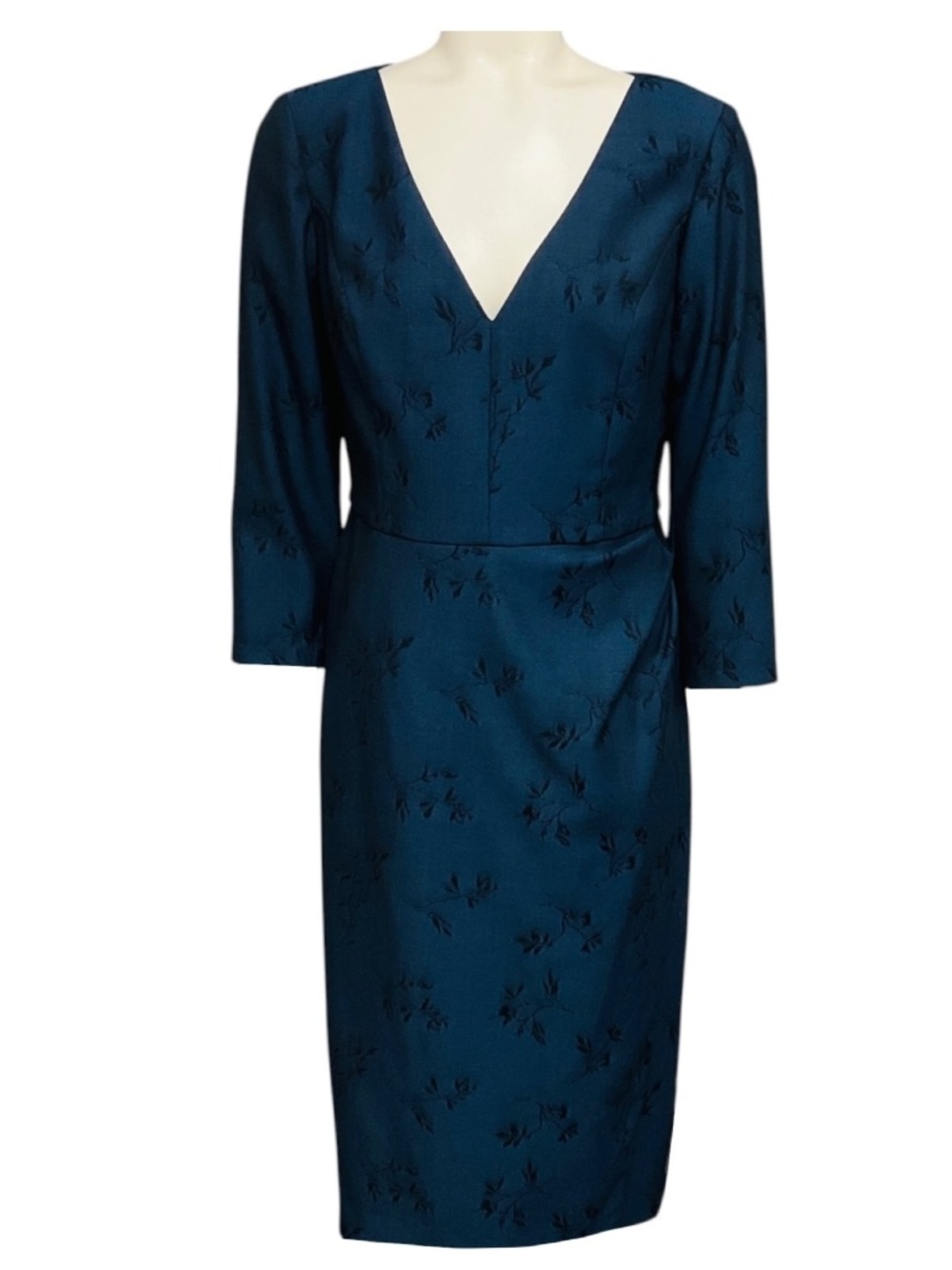 CAROLINA HERRERA NAVY BLUE LONG SLEEVED FLORAL JACQUARD MIDI DRESS